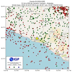 Mapa sísmico del sismo de magnitud 3.6 a 11 km al NE de Camaná, Camaná - Arequipa, Perú