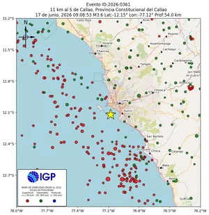 Mapa sísmico del sismo de magnitud 3.6 a 11 km al S de Callao, Provincia Constitucional del Callao, Perú