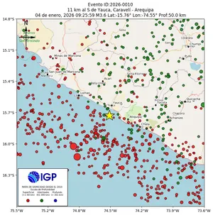 Mapa sísmico del sismo de magnitud 3.6 a 11 km al S de Yauca, Caravelí - Arequipa, Perú