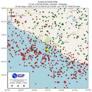 Mapa sísmico del sismo de magnitud 3.6 a 11 km al SO de Chala, Caravelí - Arequipa, Perú