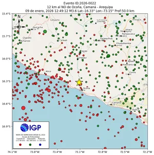 Mapa sísmico del sismo de magnitud 3.6 a 12 km al NO de Ocoña, Camaná - Arequipa, Perú