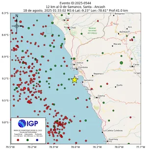 Mapa sísmico del sismo de magnitud 3.6 a 12 km al O de Samanco, Santa - Ancash, Perú