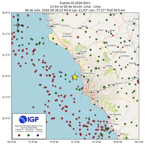 Mapa sísmico del sismo de magnitud 3.6 a 13 km al SO de Ancón, Lima - Lima, Perú
