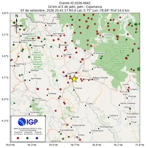 Mapa sísmico del sismo de magnitud 3.6 a 14 km al E de Jaén, Jaén - Cajamarca, Perú