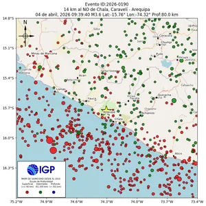 Mapa sísmico del sismo de magnitud 3.6 a 14 km al NO de Chala, Caravelí - Arequipa, Perú