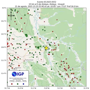 Mapa sísmico del sismo de magnitud 3.6 a 15 km al S de Atalaya, Atalaya - Ucayali, Perú