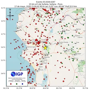 Mapa sísmico del sismo de magnitud 3.6 a 15 km al S de Sullana, Sullana - Piura, Perú