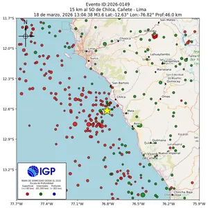 Mapa sísmico del sismo de magnitud 3.6 a 15 km al SO de Chilca, Cañete - Lima, Perú