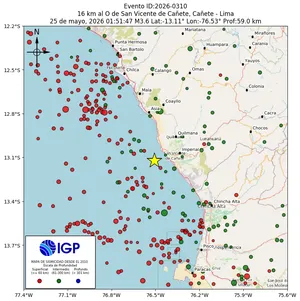 Mapa sísmico del sismo de magnitud 3.6 a 16 km al O de San Vicente de Cañete, Cañete - Lima, Perú