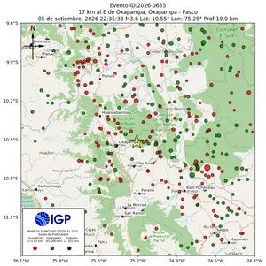 Mapa sísmico del sismo de magnitud 3.6 a 17 km al E de Oxapampa, Oxapampa - Pasco, Perú
