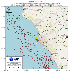 Mapa sísmico del sismo de magnitud 3.6 a 17 km al NO de Provincia Constitucional del Callao , Callao - Lima, Perú