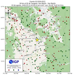 Mapa sísmico del sismo de magnitud 3.6 a 18 km al SE de Tarapoto, San Martín - San Martín, Perú