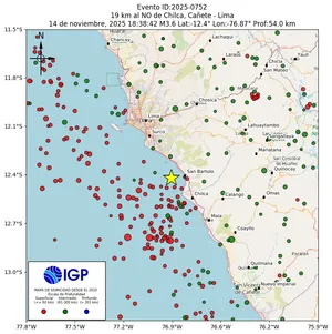 Mapa sísmico del sismo de magnitud 3.6 a 19 km al NO de Chilca, Cañete - Lima, Perú