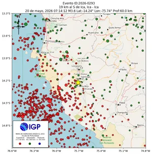 Mapa sísmico del sismo de magnitud 3.6 a 19 km al S de Ica, Ica - Ica, Perú