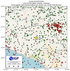 Mapa sísmico del sismo de magnitud 3.6 a 2 km al N de Aplao, Castilla - Arequipa, Perú