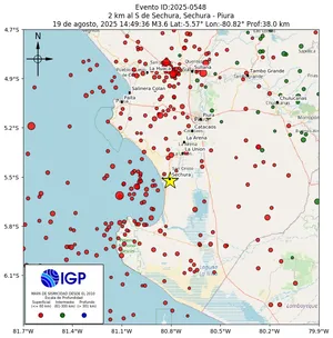 Mapa sísmico del sismo de magnitud 3.6 a 2 km al S de Sechura, Sechura - Piura, Perú