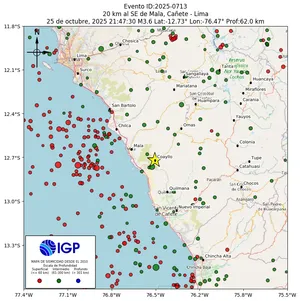 Mapa sísmico del sismo de magnitud 3.6 a 20 km al SE de Mala, Cañete - Lima, Perú