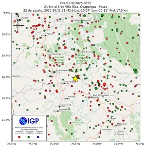 Mapa sísmico del sismo de magnitud 3.6 a 21 km al E de Villa Rica, Oxapampa - Pasco, Perú