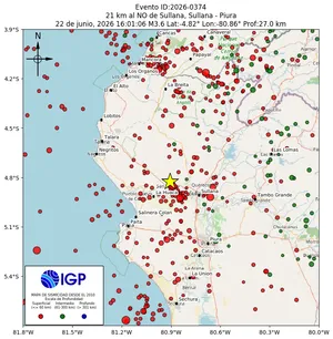 Mapa sísmico del sismo de magnitud 3.6 a 21 km al NO de Sullana, Sullana - Piura, Perú