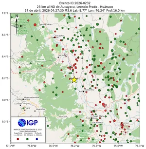 Mapa sísmico del sismo de magnitud 3.6 a 23 km al NO de Aucayacu, Leoncio Prado - Huánuco, Perú