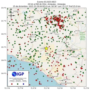 Mapa sísmico del sismo de magnitud 3.6 a 24 km al NO de Vitor, Arequipa - Arequipa, Perú