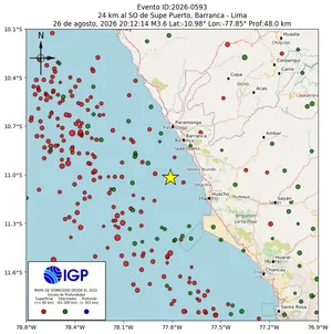 Mapa sísmico del sismo de magnitud 3.6 a 24 km al SO de Supe Puerto, Barranca - Lima, Perú