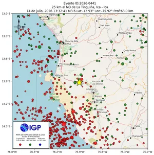 Mapa sísmico del sismo de magnitud 3.6 a 25 km al NO de La Tinguiña, Ica - Ica, Perú