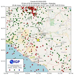 Mapa sísmico del sismo de magnitud 3.6 a 25 km al SO de Arequipa, Arequipa - Arequipa, Perú