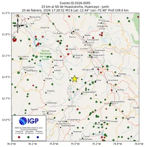 Mapa sísmico del sismo de magnitud 3.6 a 25 km al SO de Huasicancha, Huancayo - Junín, Perú