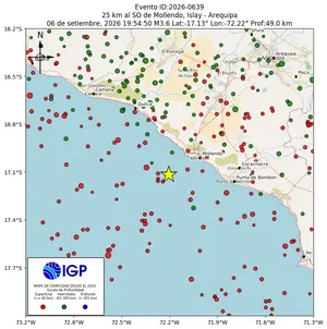 Mapa sísmico del sismo de magnitud 3.6 a 25 km al SO de Mollendo, Islay - Arequipa, Perú