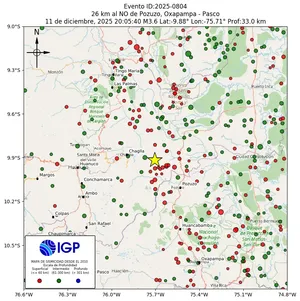 Mapa sísmico del sismo de magnitud 3.6 a 26 km al NO de Pozuzo, Oxapampa - Pasco, Perú