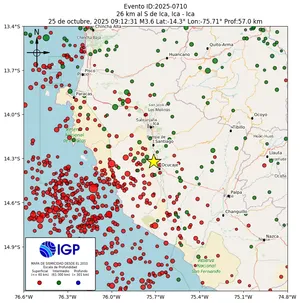 Mapa sísmico del sismo de magnitud 3.6 a 26 km al S de Ica, Ica - Ica, Perú