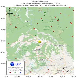 Mapa sísmico del sismo de magnitud 3.6 a 28 km al N de Quillabamba, La Convención - Cusco, Perú