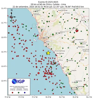 Mapa sísmico del sismo de magnitud 3.6 a 28 km al NO de Chilca, Cañete - Lima, Perú