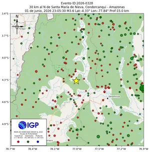 Mapa sísmico del sismo de magnitud 3.6 a 30 km al N de Santa María de Nieva, Condorcanqui - Amazonas, Perú