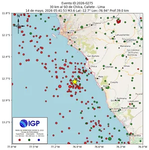 Mapa sísmico del sismo de magnitud 3.6 a 30 km al SO de Chilca, Cañete - Lima, Perú
