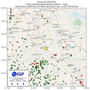 Mapa sísmico del sismo de magnitud 3.6 a 32 km al NO de Huayhuahuasi, Espinar - Cusco, Perú