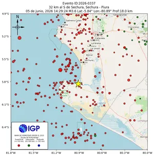 Mapa sísmico del sismo de magnitud 3.6 a 32 km al S de Sechura, Sechura - Piura, Perú