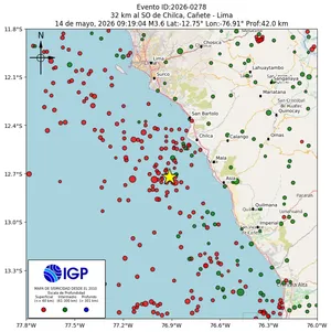 Mapa sísmico del sismo de magnitud 3.6 a 32 km al SO de Chilca, Cañete - Lima, Perú