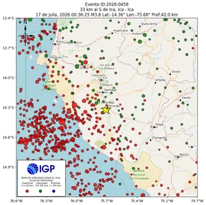 Mapa sísmico del sismo de magnitud 3.6 a 33 km al S de Ica, Ica - Ica, Perú