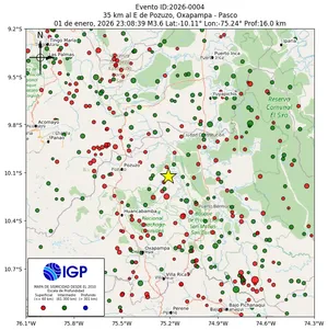 Mapa sísmico del sismo de magnitud 3.6 a 35 km al E de Pozuzo, Oxapampa - Pasco, Perú