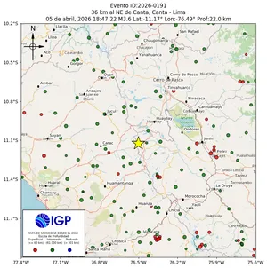 Mapa sísmico del sismo de magnitud 3.6 a 36 km al NE de Canta, Canta - Lima, Perú