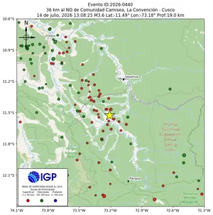Mapa sísmico del sismo de magnitud 3.6 a 36 km al NO de Comunidad Camisea, La Convención - Cusco, Perú