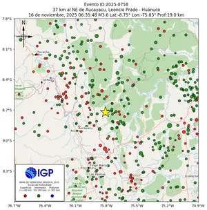 Mapa sísmico del sismo de magnitud 3.6 a 37 km al NE de Aucayacu, Leoncio Prado - Huánuco, Perú