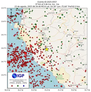 Mapa sísmico del sismo de magnitud 3.6 a 37 km al S de Ica, Ica - Ica, Perú