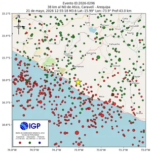 Mapa sísmico del sismo de magnitud 3.6 a 38 km al NO de Atico, Caravelí - Arequipa, Perú