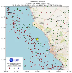 Mapa sísmico del sismo de magnitud 3.6 a 38 km al O de Ancón, Lima - Lima, Perú