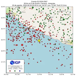 Mapa sísmico del sismo de magnitud 3.6 a 38 km al O de Ocoña, Camaná - Arequipa, Perú