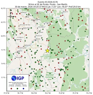 Mapa sísmico del sismo de magnitud 3.6 a 38 km al SE de Picota, Picota - San Martín, Perú