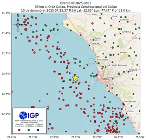 Mapa sísmico del sismo de magnitud 3.6 a 39 km al O de Callao, Provincia Constitucional del Callao, Perú